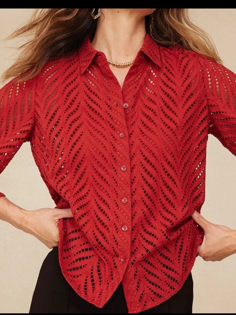 NWT Chico's Moroccan Lace Shirt Smoked Paprika Red Eyelet Button Down 3.5 18